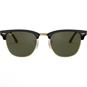 Ray-Ban RB3016 Clubmaster Square Sunglasses 49 MM Black and Gold With Green Lens